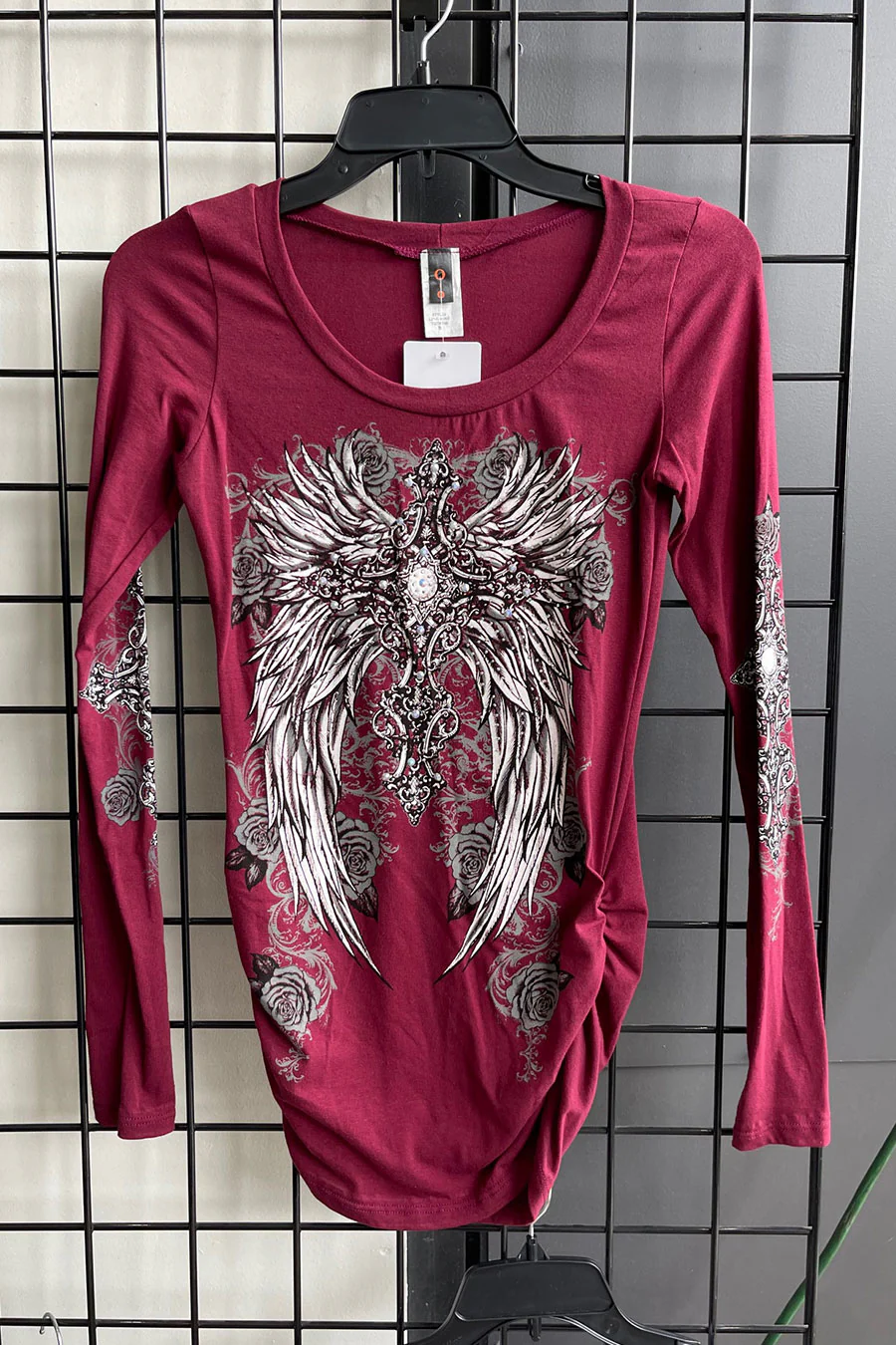 Y2K McBling Wing & Rose Graphic Rhinestone Print Side Shirred Long Sleeve T-Shirt - Image 12