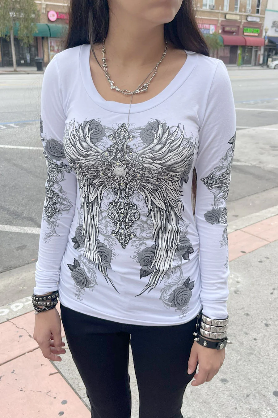 Y2K McBling Wing & Rose Graphic Rhinestone Print Side Shirred Long Sleeve T-Shirt - Image 3