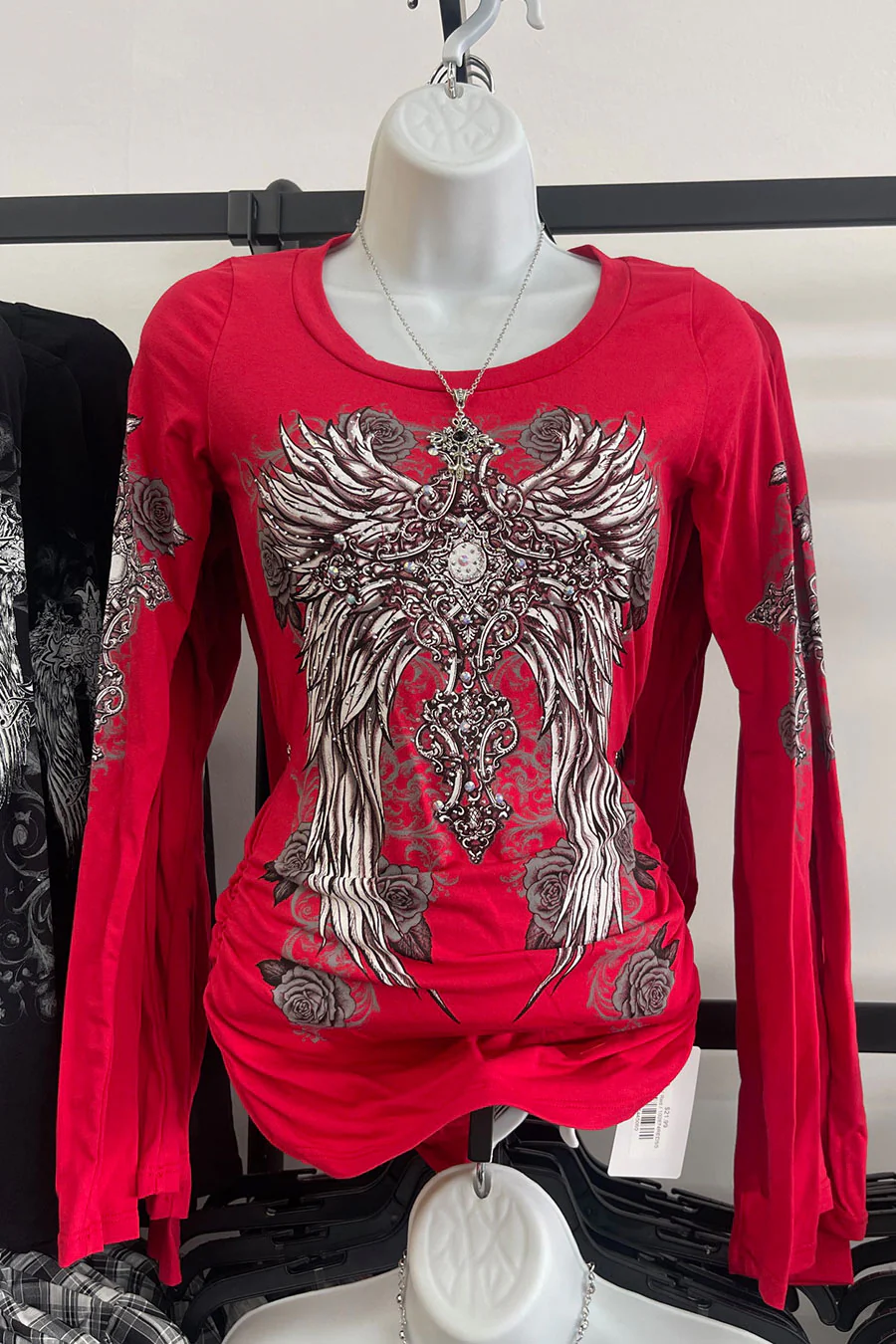 Y2K McBling Wing & Rose Graphic Rhinestone Print Side Shirred Long Sleeve T-Shirt - Image 4