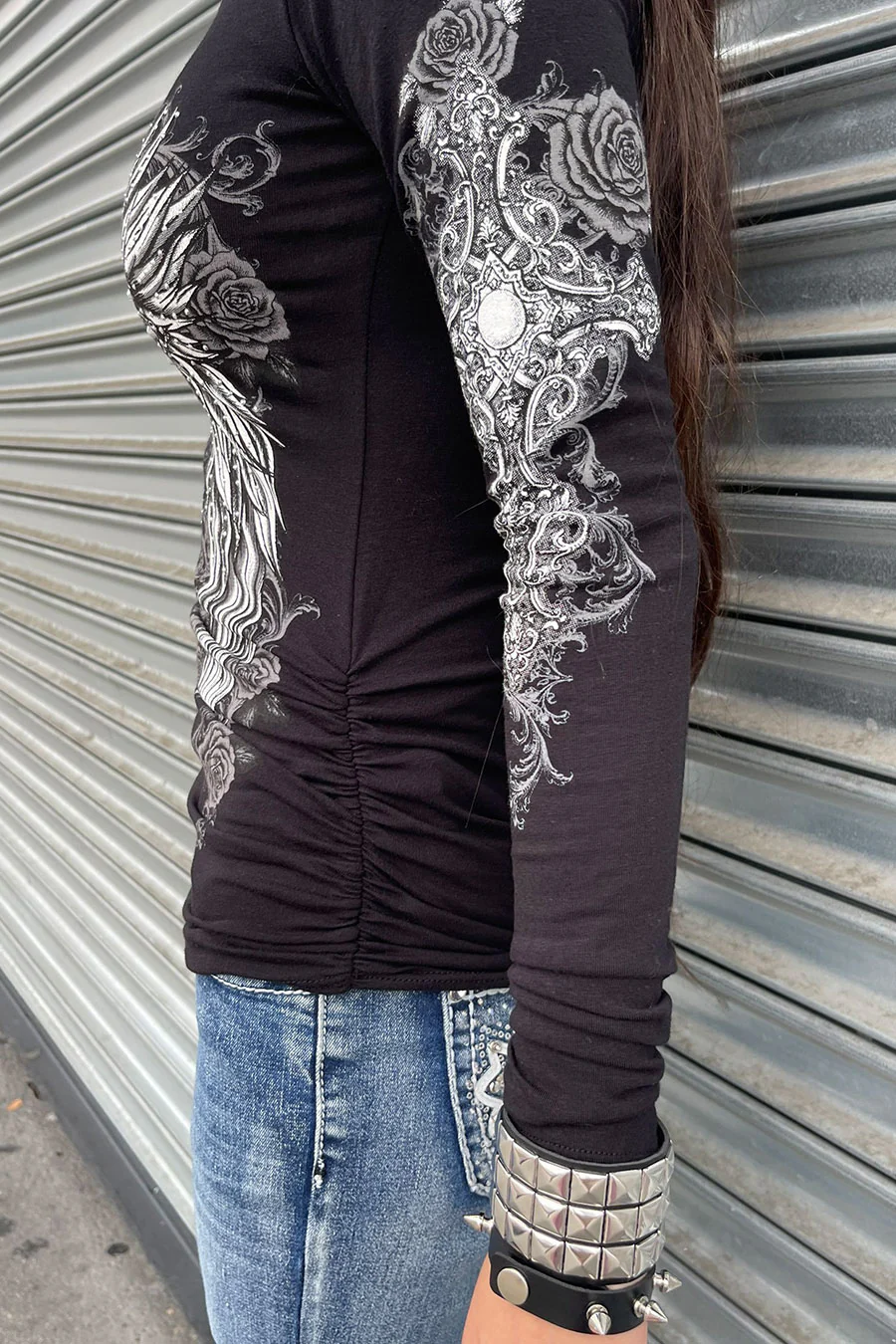 Y2K McBling Wing & Rose Graphic Rhinestone Print Side Shirred Long Sleeve T-Shirt - Image 5