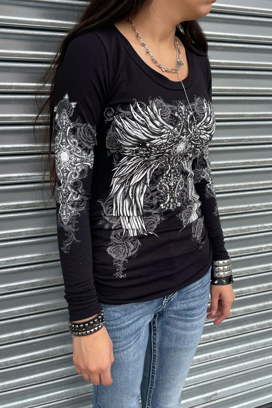 Y2K McBling Wing & Rose Graphic Rhinestone Print Side Shirred Long Sleeve T-Shirt - Image 6