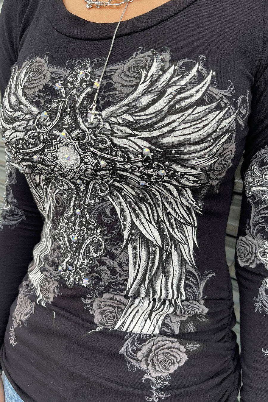 Y2K McBling Wing & Rose Graphic Rhinestone Print Side Shirred Long Sleeve T-Shirt - Image 7