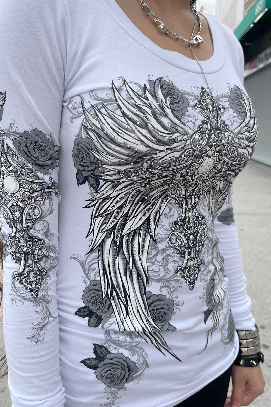 Y2K McBling Wing & Rose Graphic Rhinestone Print Side Shirred Long Sleeve T-Shirt - Image 9