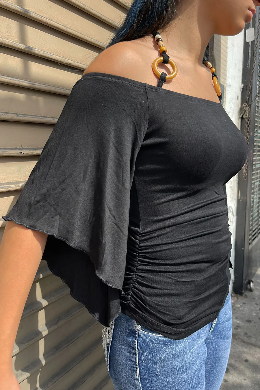 Y2K Off-The-Shoulder Flowy Sleeve Top with O-Ring Beaded Neck Tie - Image 3