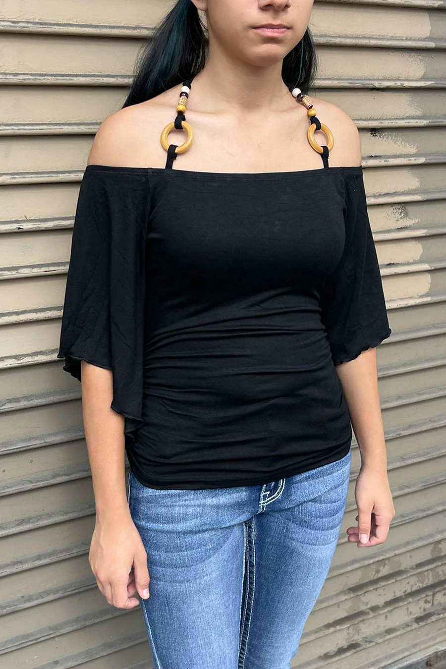 Y2K Off-The-Shoulder Flowy Sleeve Top with O-Ring Beaded Neck Tie - Image 4