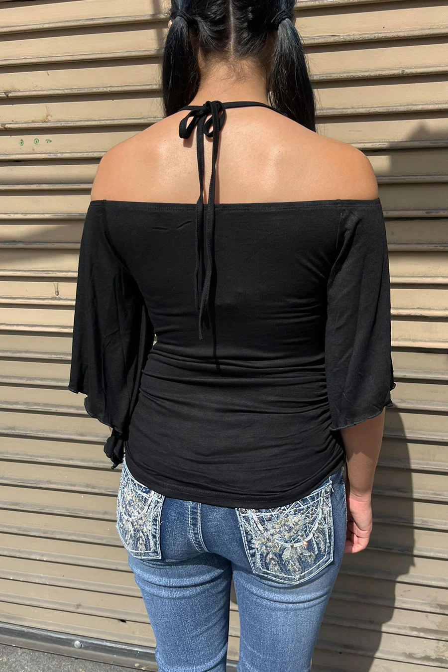 Y2K Off-The-Shoulder Flowy Sleeve Top with O-Ring Beaded Neck Tie - Image 5