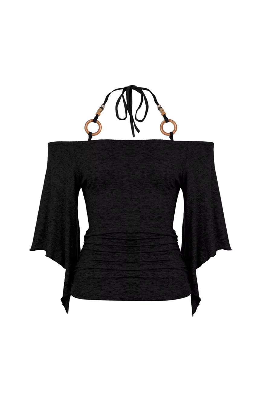 Y2K Off-The-Shoulder Flowy Sleeve Top with O-Ring Beaded Neck Tie - Image 6