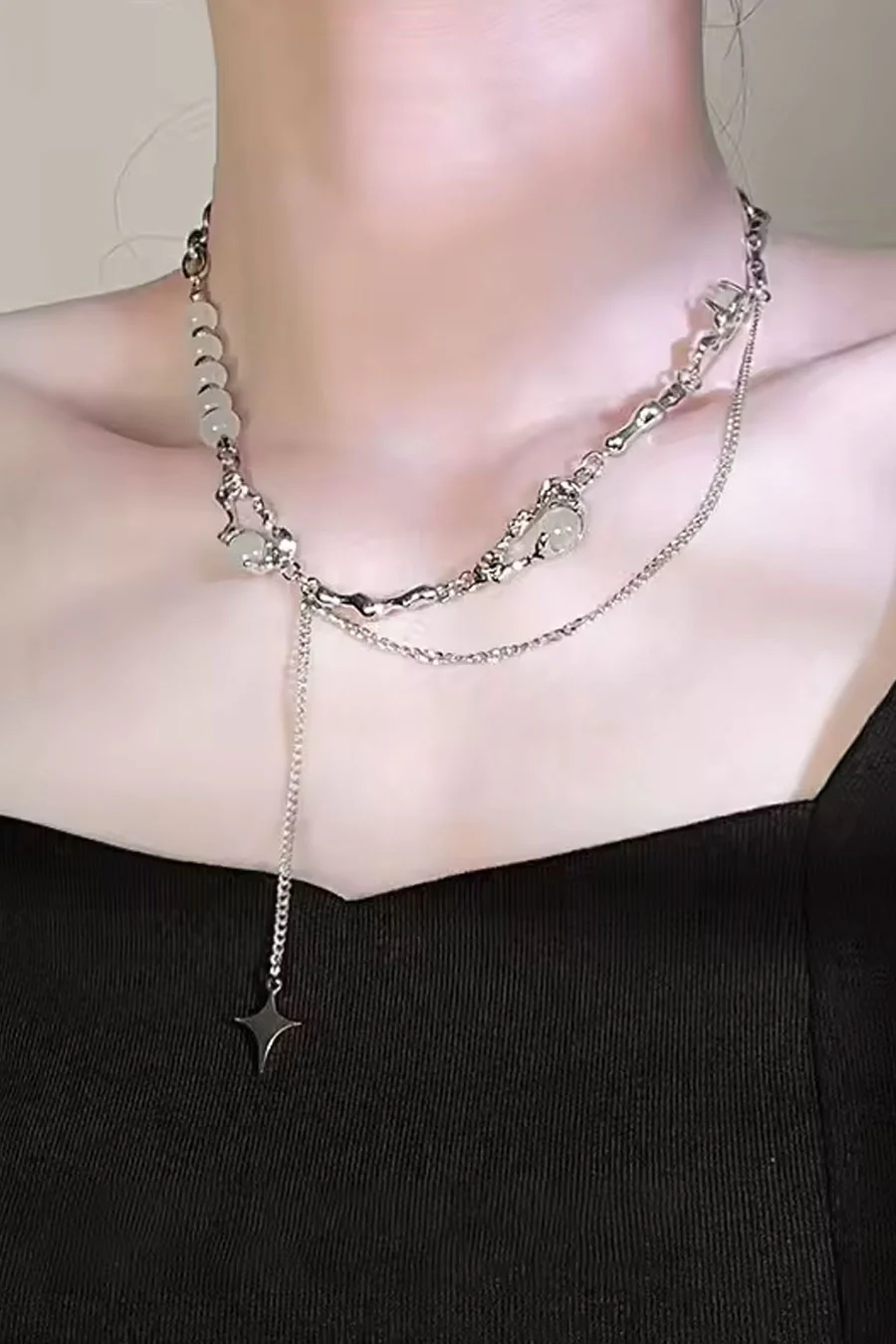 Y2K Soft Gothic Titanium Steel Crystal Charm Necklace with Cross Pendant