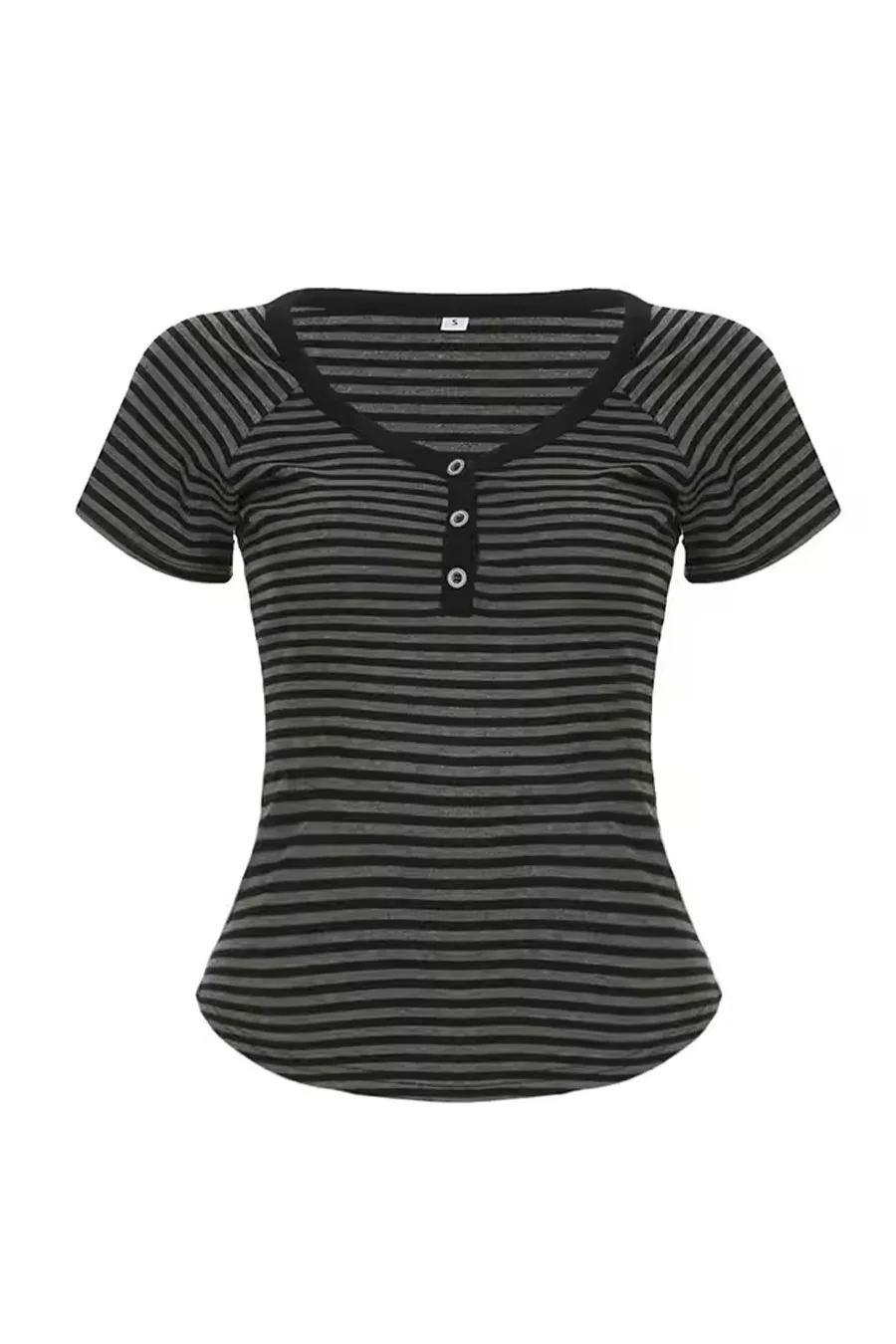 Y2K V-Neck Button-Front Raglan Striped Short Sleeve Shirt - Image 8