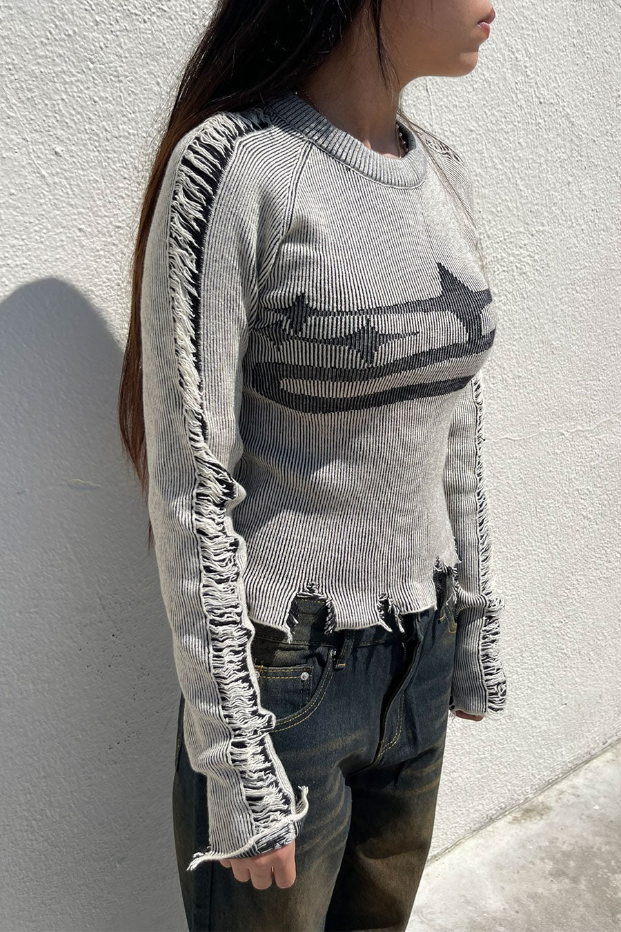Y3K Grunge Style Distressed Long Sleeve Sweater with Front Graphic - Image 3