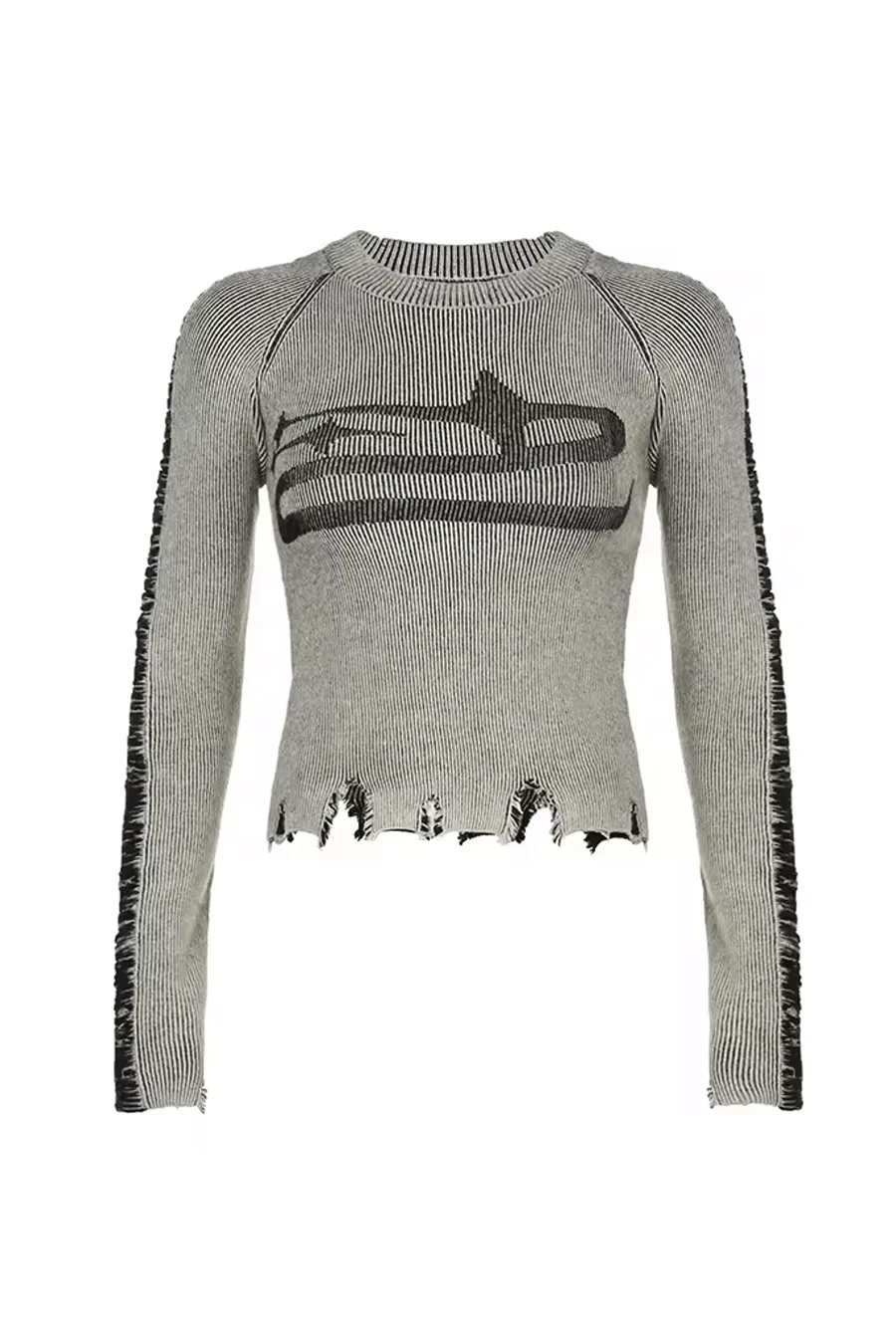 Y3K Grunge Style Distressed Long Sleeve Sweater with Front Graphic - Image 5